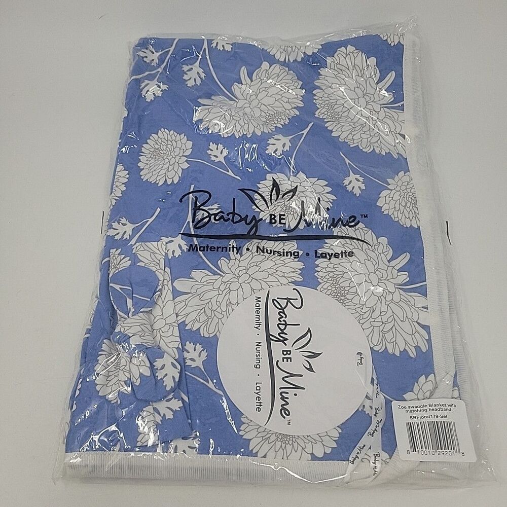 Baby Be Mine Blue Floral Newborn Baby Swaddle Blanket Matching Headband NEW